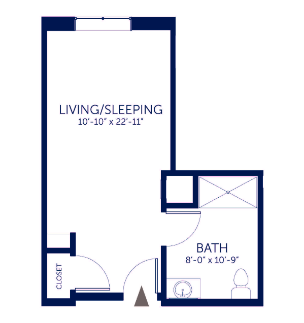 Memory care studio floor plan featuring an open living and sleeping space with a private bathroom and closet.