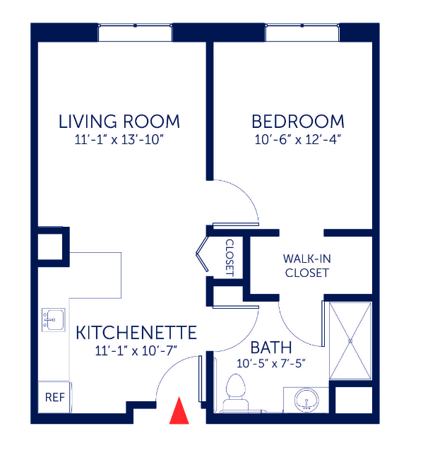 Assisted living apartment floor plan with living room, bedroom, kitchenette, bathroom, and walk-in closet arranged around a central entry.