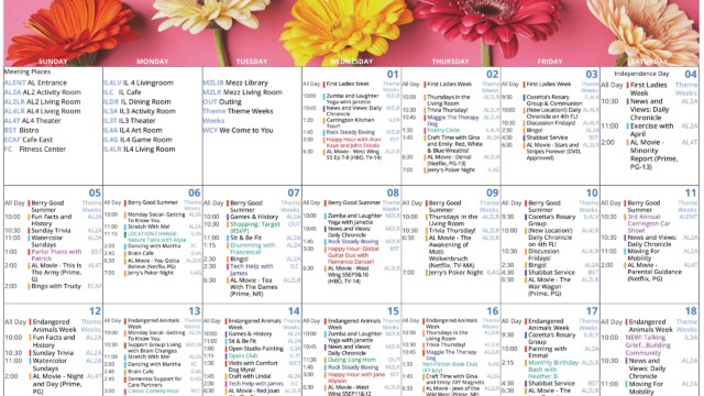 July 2026 Assisted Living Activities Calendar with the same pink gerbera daisy floral header, covering July 1 through July 18. The first row includes a meeting places key with room abbreviations such as AL entrance, AL2 activity room, AL living rooms, bistro, cafe east, fitness center, IL dining room, mezz library, and outing. Theme weeks progress from “First Ladies Week” to “Berry Good Summer” to “Endangered Animals Week.” Regular programming includes Zumba and Laughter Yoga with Janette, News and Views, Daily Chronicle, Thursday gatherings in the living room, Cozetta’s Rosary Group, bingo, Shabbat service, Monday Social, support group for living with brain changes, stretch with me, dancing with Martha, Brain Cafe, and Dementia Support for Care Partners. Featured activities include Carrington Kitchen Tour, poetry circle, craft time with Gina and Emily making red, white, and blue wreaths, shopping at Target, drumming with Francesca, tech help with James, happy hour with Alan Kaye and John Eskola, global guitar duo with flamenco dancer, a 3rd Annual Carrington Car Show, open studio painting, Opera Club, visits with comfort dog Myra, monthly birthday bash with Heather B., talking grief and building community, and outings to Long Horn, Rivers Casino, and other destinations.
