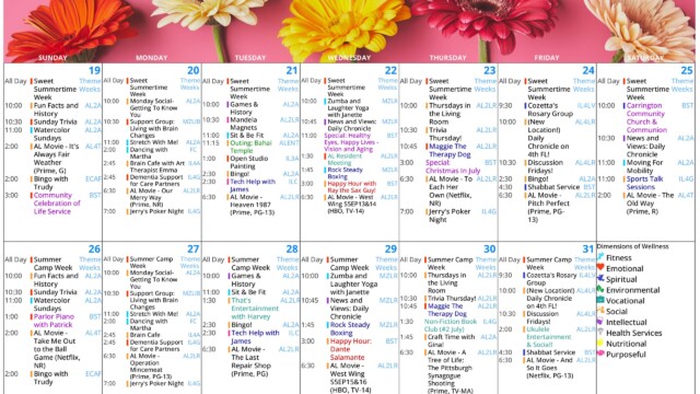 July 2026 Assisted Living Activities Calendar with a bright floral header featuring large gerbera daisies in orange, cream, yellow, red, and blush pink on a pink background. This page covers July 19 through July 31 and uses a Sunday-through-Saturday grid with color-coded entries and room abbreviations. Theme weeks include “Sweet Summertime Week” and “Summer Camp Week.” Regular activities include Fun Facts and History, Sunday Trivia, watercolor Sundays, Monday Social, support group for living with brain changes, stretch with me, dancing with Martha, Brain Cafe, Dementia Support for Care Partners, games and history, Sit and Be Fit, open studio painting, Zumba and Laughter Yoga with Janette, News and Views, Thursdays in the Living Room, Cozetta’s Rosary Group, discussion Fridays, bingo, Shabbat service, and evening movies. Featured items include a Community Celebration of Life Service, outing to Baha’i Temple, Tech Help with James, Rock Steady Boxing, healthy eyes and vision and aging special presentation, assisted living resident meeting, happy hour with Ray the Sax Guy and later Dante Salamante, Maggie the Therapy Dog, Christmas in July special, non-fiction book club, craft time with Gina, ukulele entertainment and social, Parlor Piano with Patrick, and a Dimensions of Wellness legend in the lower-right corner.
