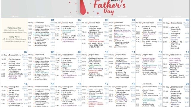 Page 1 of an Assisted Living Activities Calendar for June 2026 with a pale gray header featuring a red necktie and “Happy Father’s Day.” The page covers June 1 through June 20 in a Sunday-through-Saturday grid. A left sidebar lists Life Enrichment contacts Julianne Arvizu and Emily Perez with email addresses. Daily entries are color-coded by wellness category and include recurring programs such as Monday Social, support group for living with brain changes, exercise with Angela, dancing with Martha, brain café, dementia support for care partners, Zumba and Laughter Yoga with Janette, News and Views, Daily Chronicle, Rock Steady Boxing, Cozetta’s Rosary Group, Sports Talk Sessions, chair yoga with Linda, Maggie the Therapy Dog, bingo, Shabbat service and evening movies. Theme weeks are labeled Cheese Week, Tropical Week and Emancipation Week. Special callouts include Nature Talks with Alyse, drumming with Francesca, a care partner support group, happy hour with Marianne Sullivan, icon training sessions, Friday Farmer’s Market, Veterans Pancake Breakfast, Flag Day Ceremony, open studio painting, lunch outing to Fat Rosie’s, paint with Emma, Talking Grief and Building Community, Art History with Debra, a Monthly Birthday Bash with Johnnie Miller, an assisted living resident meeting, Mind Diet presentation, happy hour with the Hurricane Saxophone Quartet, Casino Night, and Juneteenth noted on June 19. The page is dense, text-heavy and formatted as a detailed daily schedule for assisted living residents.
