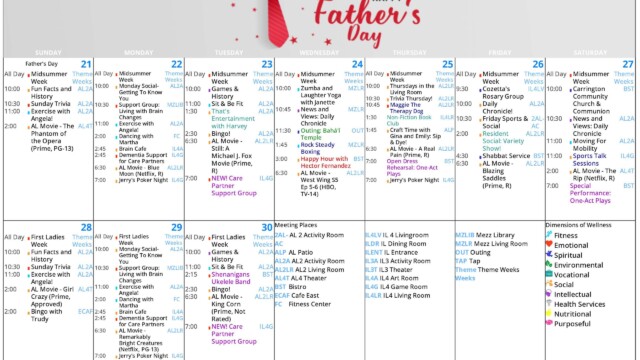 Page 2 of the June 2026 Assisted Living Activities Calendar with the same Father’s Day tie graphic header, covering June 21 through June 30. The first Sunday column marks Father’s Day and lists Fun Facts and History, Sunday Trivia, exercise with Angela and a movie. Theme weeks on this page are Midsummer Week and First Ladies Week. Recurring activities continue with Monday Social, support group for living with brain changes, exercise with Angela, dancing with Martha, brain café, dementia support for care partners, Zumba and Laughter Yoga with Janette, News and Views, Daily Chronicle, Thursdays in the Living Room, trivia, Cozetta’s Rosary Group, Friday Sports and Social, chair yoga and evening movies. Special featured events include That’s Entertainment with Harvey, an outing to the Bahá’í Temple, happy hour with Hector Fernandez, Maggie the Therapy Dog, a non-fiction book club, sip and dye craft time with Gina and Emily, an open dress rehearsal for one-act plays, a resident social variety show, a special one-act play performance, Shenanigans Ukulele Band, and a new care partner support group. The bottom center contains a large meeting places key with room abbreviations, and the bottom-right corner has a “Dimensions of Wellness” legend listing color-coded categories such as fitness, emotional, spiritual, environmental, vocational, social, intellectual, health services, nutritional and purposeful.