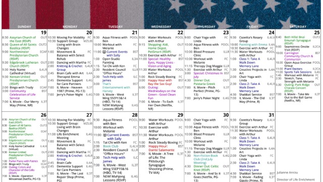 July 2026 Independent Living Activities Calendar with a patriotic fabric-style American flag header, covering July 19 through July 31. The Sunday-through-Saturday grid is densely filled with activities and ends with contact information for Julianne Arvizu, Director of Life Enrichment, in the lower-right corner. Recurring programming includes church visits, community and life service gatherings, moving for mobility support group, life enrichment meeting, movement and balance with Select Rehab, dancing with Martha, knitting and crochet group, Brain Cafe, Dementia Support for Care Partners, water workouts with Arthur, aqua fitness with Ben, current events with Sally, Tai Chi with Ken, chair yoga with Linda, Rock Steady Boxing, resident council office hours, Cozetta’s Rosary Group, exercise with Arthur, chair yoga, creative projects in art, Memory Lane walking classes, Shabbat service, workouts with Melanie, sports talk sessions, and evening movies. Featured activities include Community Celebration of Life Service, shopping trips to Aldi, Home Depot, and PetSmart, healthy eyes and vision and aging presentation, happy hour with Ray the Sax Guy and later Dante Salamante, special Christmas in July, dinner outings to Psistaria Greek and Celtic Knot, painting with Emma, Carrington Community Church and Communion, chorus or concert outings, more whiskey at the log cabin outing, New Mahjong Lessons, and book club meetings.