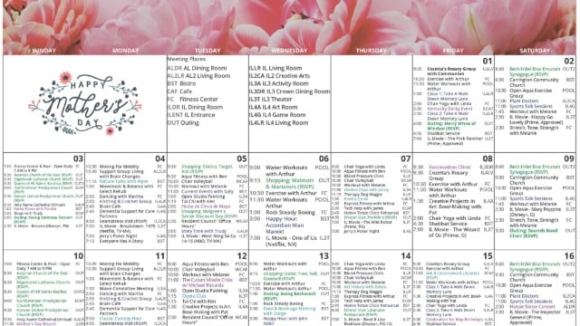 Page 1 of an “Independent Living Activities Calendar” for May 2026 with a pink tulip floral banner across the top and a Sunday-through-Saturday monthly layout covering May 1 through May 16. The upper-left section features a large decorative “Happy Mother’s Day” graphic in a floral wreath. Adjacent columns provide a meeting place key with room abbreviations for locations such as AL Dining Room, AL2 Living Room, Bistro, Café, Fitness Center, IL Dining Room, IL Entrance, Outing, IL Living Room, IL Creative Arts, IL Activity Room, IL Crown Dining Room, IL Theater, IL Art Room and IL Game Room. The calendar includes recurring activities such as rosary group, exercise with Arthur, water workouts, chair yoga, aqua fitness, blood pressure clinic, chair volleyball, support groups, knitting and crochet, movement and balance, dancing, trivia, painting, opera club, open studio painting, book club, current events, story time, resident council office hours, plant doctors, sports talk sessions and evening movies. Special colored listings include shopping trips to Costco, Target, Aldi, Walmart, Mariano’s, Walgreens, Dollar Tree, Valli and Goodwill, outings such as Merry Wives of Windsor, Sounds Good Choir and Going Bacharach, plus programs like Nature Talks with Alyse, a vaccination clinic, Pet Therapy, a food and beverage meeting, a birthday celebration, a librarian visit and a Hotsie Totsie concert. The page is information-dense and designed for residents to track daily social, wellness and enrichment activities.