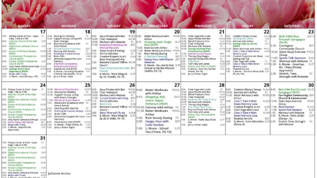 Page 2 of an “Independent Living Activities Calendar” for May 2026 with a wide pink tulip header across the top and a Sunday-through-Saturday grid showing the second half of the month, from May 17 through May 31. The calendar is densely filled with independent living programs such as fitness center and pool hours, church services, movement and balance classes, aqua fitness, chair volleyball, tai chi, water workouts, brain café, bingo with Trudy, book club, current events, story time, shopping trips, happy hour, resident meetings, support groups, movies and music. Colored entries highlight special events including shopping trips to Jewel, Target, Ross, Aldi, Home Depot and PetSmart, dinners out at Garfield Park and Via Emo, a Memorial Day service, Memorial Day cookout, a parlor piano performance, a synagogue visit, plant doctors, sports talk sessions, choir events, resident office hours and birthday or entertainment programs. The bottom-left area includes contact information for Julianne Arvizu, Director of Life Enrichment. The design is clean and text-heavy, with white calendar cells and black text under the floral pink header.