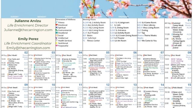 August 2026 Assisted Living Activities Calendar with pink blossoms against a blue-sky header. The first page covers August 1 through 15 and includes contact information for the life enrichment team, a color-coded Dimensions of Wellness legend and meeting-place abbreviations. Theme weeks include Summer Camp Week, Red Week and Pink Week. Activities include fun facts and history, Sunday trivia, watercolor, Monday social, support groups, dancing, open studio painting, Zumba and laughter yoga, Rock Steady Boxing, rosary group, bingo, craft sessions and movies. Featured programs include a piano concert with David Saliamonas, happy hour with Heather Braoudakis, poetry circle, summer luau, Odyssey outing, Oberweis ice cream outing, comfort dog visit, Opera Club, happy hour with Edizon, Cubs versus Cardinals outing and CHC ice cream social and band.