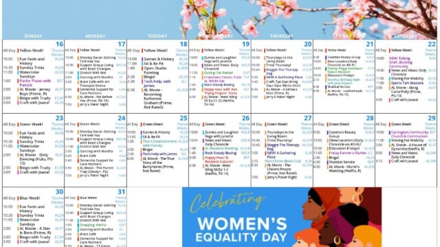 August 2026 Assisted Living Activities Calendar with pink blossoms and a blue-sky header. This page covers August 16 through 31 and features Yellow Week, Green Week and Blue Week. Daily activities include fun facts and history, Sunday trivia, watercolor, Monday social, support groups, dancing, games and history, Sit and Be Fit, Zumba and laughter yoga, Rock Steady Boxing, Thursday gatherings, rosary group, bingo, Shabbat service, movies and crafts with Joana. Special events include Parlor Piano with Patrick, Cross Town Classic Cubs versus White Sox, resident meeting, happy hours with Ron “Flying Fingers” Steta and the resident cabaret, Peggy Notebaert Nature Museum outing, August birthday bash with Jane Allyson, Museum of Science and Industry outing, non-fiction book club and Friday farmers market. A Women’s Equality Day graphic appears at the bottom.