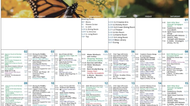 August 2026 Independent Living Activities Calendar with a monarch butterfly and yellow flower header. This page covers August 1 through 15 and includes a meeting-place key followed by church services, aqua fitness, water workouts, shopping outings, chair yoga, exercise classes, Rock Steady Boxing, resident council office hours, rosary group, creative projects, bingo, Shabbat services and evening movies. Special activities include a piano concert with David Saliamonas, everyone-has-a-story program, happy hours with Heather Braoudakis and Edizon, drumming with Francesca, poetry circle, summer luau, Don Carlo opera outing, classic comedy hour, Leopoldstadt theater outing, art history with Debra, Cubs versus Cardinals outing and dining trips.