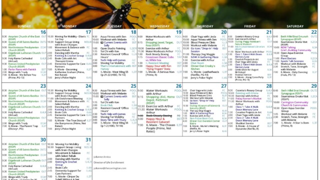 August 2026 Independent Living Activities Calendar with a monarch butterfly and yellow flowers across the header. This page covers August 16 through 31 and includes church outings, moving for mobility, support groups, movement and balance, dancing, knitting and crochet, Brain Cafe, aqua fitness, water workouts, shopping trips, Rock Steady Boxing, chair yoga, blood pressure clinics, therapy dog visits, rosary group, creative projects, bingo, movies and dining outings. Featured events include Cross Town Classic Cubs versus White Sox, happy hours with Ron “Flying Fingers” Steta and the resident cabaret, Peggy Notebaert Nature Museum outing, Ask a Lincolnwood Librarian, Cubs versus Cardinals outing, Museum of Science and Industry outing and the August resident birthday celebration.
