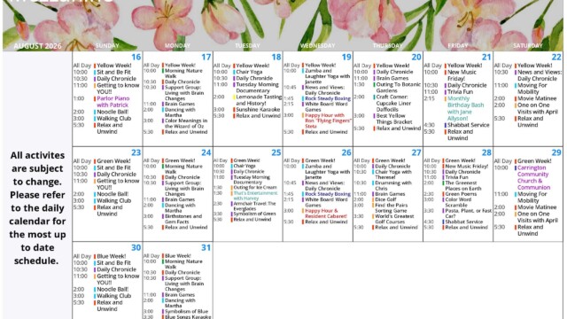 August 2026 Mezzanine activity calendar with a watercolor floral header, covering August 16 through 31. Theme weeks include Yellow Week, Green Week and Blue Week. Activities include Sit and Be Fit, Daily Chronicle, morning nature walks, support groups, Brain Games, chair yoga, Zumba and laughter yoga, Rock Steady Boxing, walking club, dancing, movie matinees, Shabbat service and relax and unwind. Special programs include Parlor Piano with Patrick, lemonade tasting and history, yellow-themed karaoke, Botanic Gardens outing, happy hour with Ron “Flying Fingers” Steta, August birthday bash with Jane Allyson, Wizard of Oz color meanings, Birthstones and Gem Facts, outing for ice cream, entertainment with Harvey, Everglades armchair travel, resident cabaret, dice golf, green poems, Scramble Pasta Plant or Fast Car and blue songs karaoke.