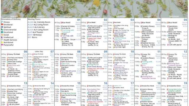 Assisted Living Activities Calendar – September 1–19, 2026: September 2026 Assisted Living activities calendar with a wildflower header, covering September 1 through 19. A Dimensions of Wellness key identifies fitness, emotional, spiritual, environmental, vocational, social, intellectual, health services, nutritional and purposeful activities, while a meeting-place guide lists community rooms and activity spaces. Blue Week includes Games & History, Sit & Be Fit, drumming, Zumba and Laughter Yoga, Rock Steady Boxing, trivia, crafts, movies and Happy Hour with the Vince Micari Trio. Groovy 70s Week includes Sunday trivia, watercolors, men’s choir, open studio painting, opera club, a trip to Trin, Happy Hour with Leslie Gray-Robbins and Rosh Hashanah services. Oktoberfest Week features outings to Bahá’í Temple and End Alzheimer’s events, vaccination clinics, German-themed activities, Spanish Guitar and Violin Happy Hour and the Birthday Bash & Oktoberfest celebration.