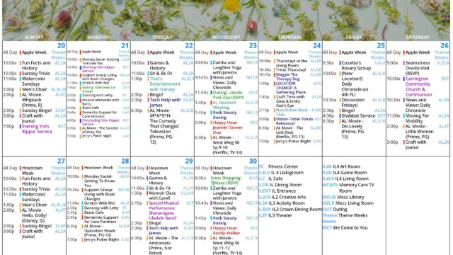 Assisted Living Activities Calendar – September 20–30, 2026: September 2026 Assisted Living activities calendar with a wildflower header, covering September 20 through 30. Apple Week includes Fun Facts and History, Sunday Trivia, Watercolor Sundays, Men’s Choir, support groups, dancing, Games & History, Sit & Be Fit, Zumba and Laughter Yoga, Rock Steady Boxing, craft activities and movies. Yom Kippur programming on September 20 and 21 includes morning and evening services, a concluding service and holiday observances. Other featured events include an outing to Oberweis Ice Cream, Lincoln Park Zoo, an assisted living resident meeting, Happy Hour with the Jeannie Tanner Duo and a Non-Fiction Book Club. Hoedown Week begins September 27 with Country Karaoke, Memoir Class, a Shenanigans Ukulele Band performance, shopping at TJ Maxx and Happy Hour with Randy Walker. A meeting-place key identifies fitness, living, dining, activity, theater, library, game room and outing locations.