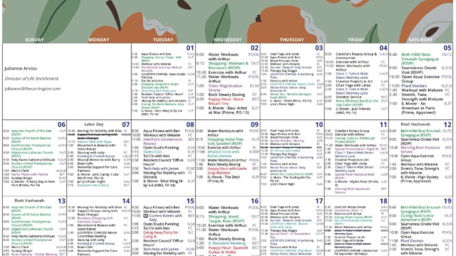 Independent Living Activities Calendar – September 1–19, 2026: September 2026 Independent Living activities calendar with a fall apple-themed header, covering September 1 through 19. Daily programming includes aqua fitness, strength and mobility classes, water workouts, chair yoga, Rock Steady Boxing, painting, Tai Chi, resident council, tech help, movie nights, poker and creative projects. Outings include shopping trips, dining at The Strand, Lucky Platter and Rivers Casino, plus visits to Pittsburgh Pirates, Lincolnwood Library and an Alzheimer’s awareness walk. Religious and holiday programming includes Labor Day on September 7, Rosh Hashanah services and meals September 11–13 and Shofar Blowing. Other featured activities include Happy Hours with Vince Micari and Leslie Gray-Robbins, a Spanish Guitar and Violin Happy Hour and a going-away party.