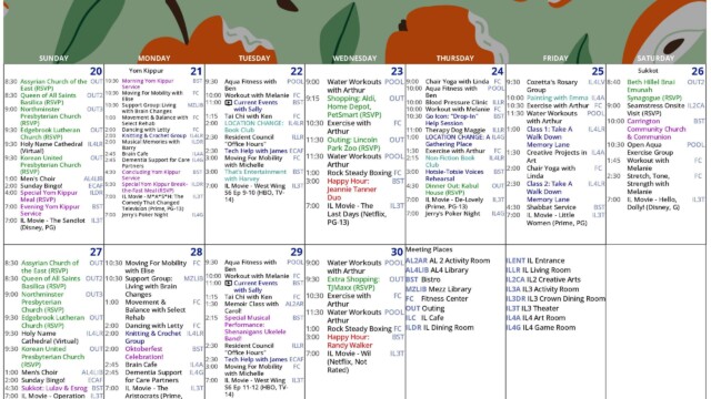 Independent Living Activities Calendar – September 20–30, 2026: September 2026 Independent Living activities calendar with an illustrated fall apple theme, covering September 20 through 30. The schedule includes church services, Yom Kippur observances, moving for mobility, support groups, aqua fitness, water workouts, chair yoga, Rock Steady Boxing, creative projects, book club, tech help, dining outings and movies. Featured events include a special Yom Kippur meal and break-the-fast meal, shopping trips to Aldi, Home Depot, PetSmart and TJ Maxx, an outing to Lincoln Park Zoo, Happy Hour with the Jeannie Tanner Duo, Oktoberfest Celebration, a Shenanigans Ukulele Band performance and Happy Hour with Randy Walker. A meeting-place key lists locations such as activity rooms, libraries, Bistro, Fitness Center, IL Café, dining room, theater and outing areas.